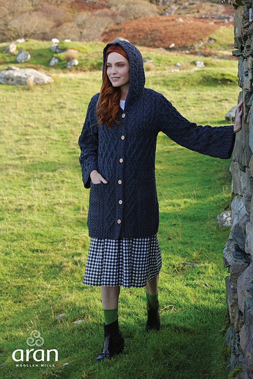 Long Merino Wool Cardigan with a Hood and Buttons - Celtic CollectionsClothingB556070