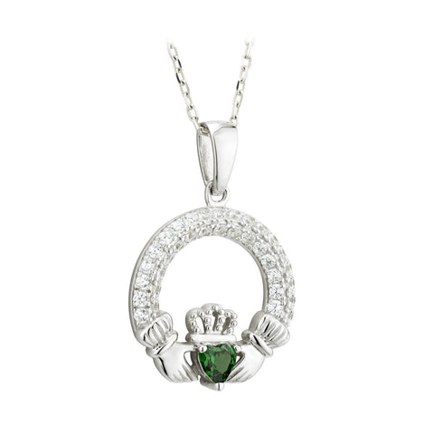 May Birthstone Emerald Silver Claddagh Pendant - Celtic CollectionsJewelryS46117 - 05