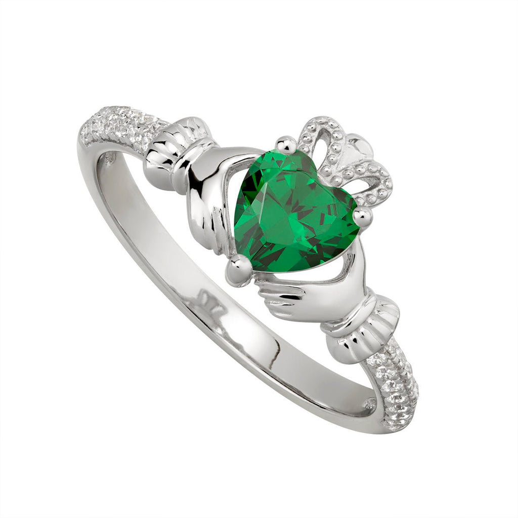 May Birthstone Emerald Silver Claddagh Ring - Celtic CollectionsJewelryS2106205