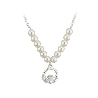 Rhodium Plated Pearl Claddagh Necklet - Celtic CollectionsJewelryS45071