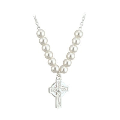 Rhodium Plated Pearl Cross Necklet - Celtic CollectionsJewelryS45070