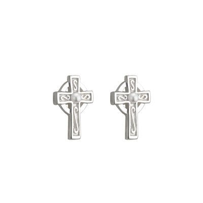 Rhodium Plated Pearl Cross Stud Earrings - Celtic CollectionsJewelryS33315