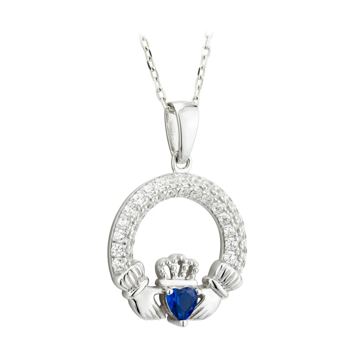 September Birthstone Sapphire Silver Claddagh Pendant - Celtic CollectionsJewelryS46117 - 09