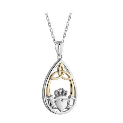 Silver And 10K Gold Diamond Oval Claddagh Pendant - Celtic CollectionsJewelrySOLVAR46805