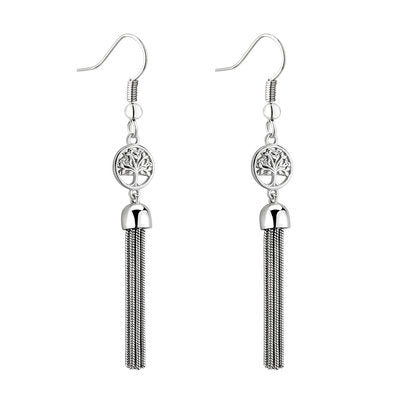 Silver Tree of Life Tassel Drop Earrings - Celtic CollectionsJewelrySOLVAR34104