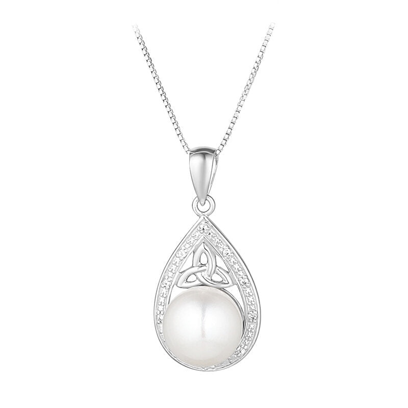 Sterling Silver Crystal And Pearl Trinity Knot Teardrop Necklace - Celtic CollectionsJewelryS46919