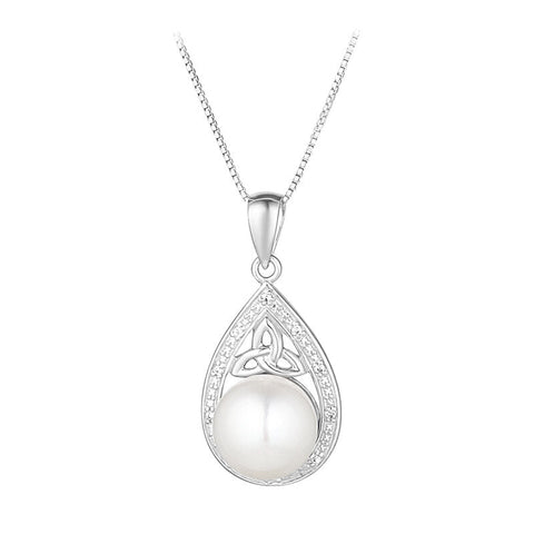 Sterling Silver Crystal And Pearl Trinity Knot Teardrop Necklace - Celtic CollectionsJewelryS46919