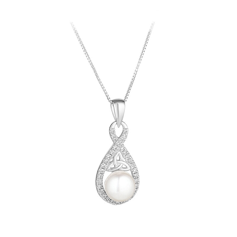 Sterling Silver Crystal And Pearl Twisted Trinity Knot Necklace - Celtic CollectionsJewelryS46918